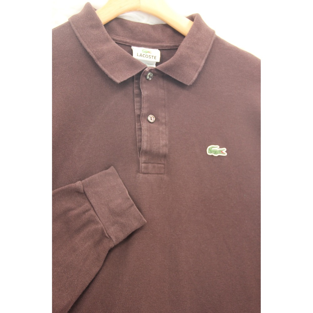Lacoste Mens Size 7 XXL Brown Solid Long Sleeve Knit Polo Crocodile Logo Preppy